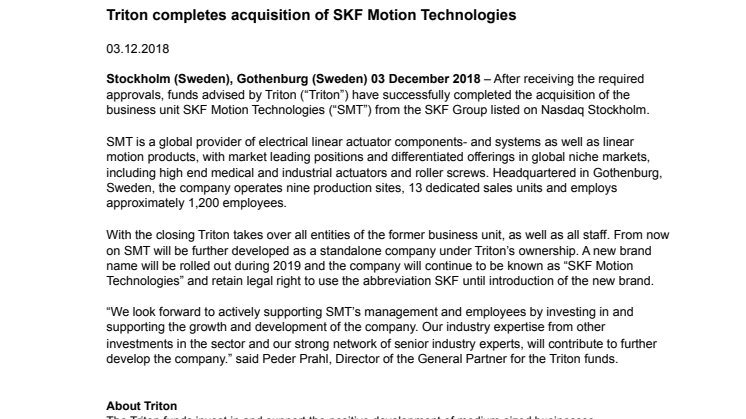 Triton completes acquisition of SKF Motion Technologies
