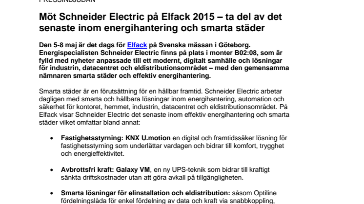 Möt Schneider Electric på Elfack 2015 – ta del av det senaste inom energihantering och smarta städer