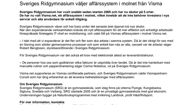 Sveriges Ridgymnasium väljer affärssystem i molnet från Visma