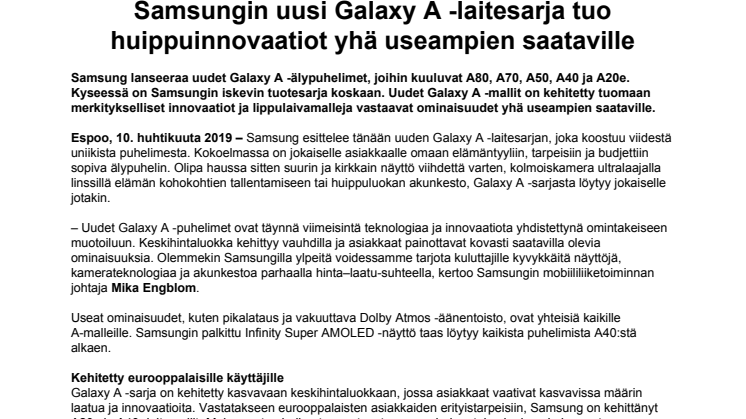 Samsungin uusi Galaxy A -laitesarja tuo huippuinnovaatiot yhä useampien saataville