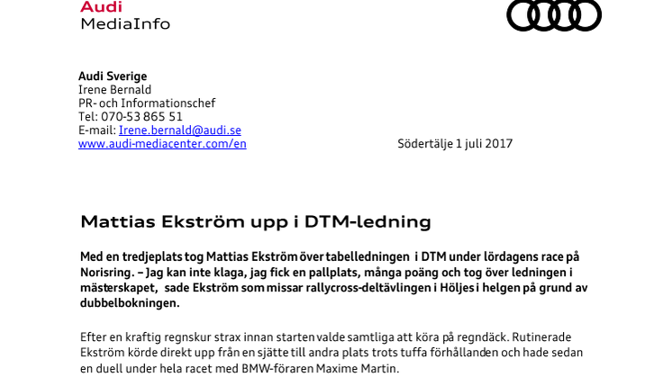 Mattias Ekström upp i DTM-ledning
