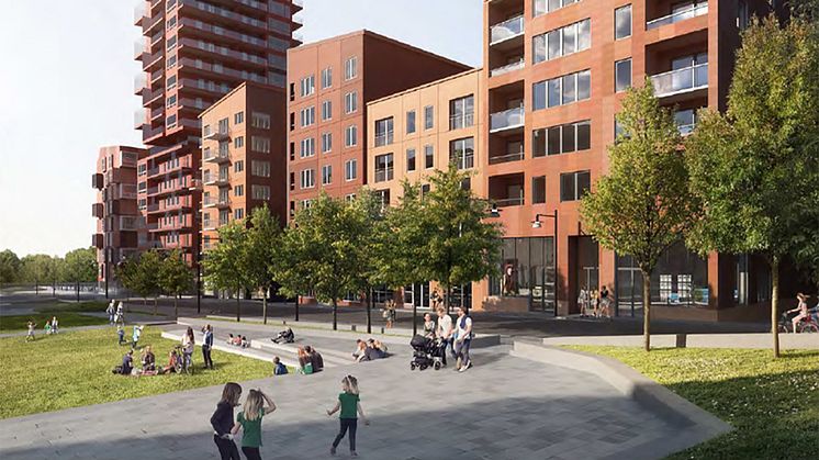 En tidig visionsbild av nya bostadsområdet Packrummet. Illustration Equator Stockholm och Tomorrow