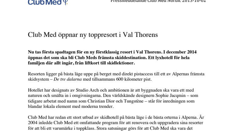 Club Med öppnar ny toppresort i Val Thorens