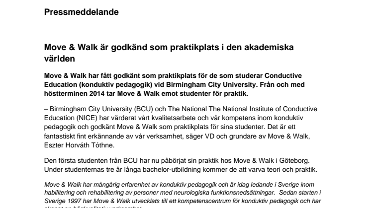 Move & Walk är godkänd som praktikplats i den akademiska världen