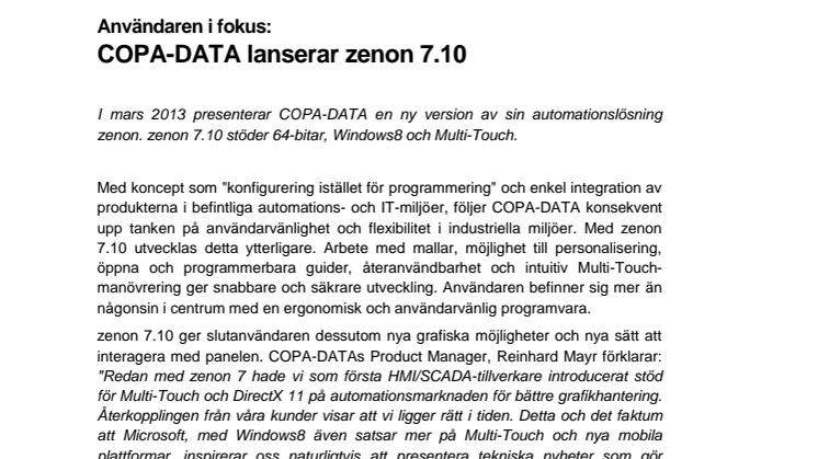 Användaren i fokus:  COPA-DATA lanserar zenon 7.10 HMI/SCADA