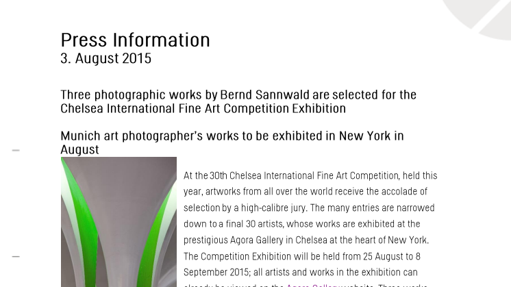 Three photographic works by Bernd Sannwald are selected for the Chelsea International Fine Art Competition Exhibition