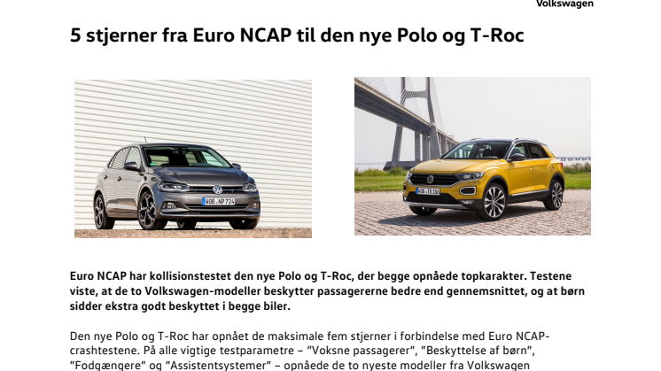 5 stjerner fra Euro NCAP til den nye Polo og T-Roc