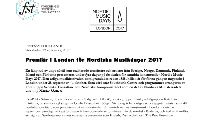 Premiär i London för Nordiska Musikdagar 2017