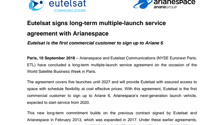 Eutelsat signs long-term multiple-launch service agreement with Arianespace 