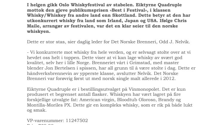 Eiktyrne Quadruple - Best i verden på Oslo Whiskyfestival