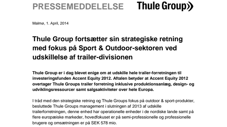 Thule Group fortsætter sin strategiske retning med fokus på Sport & Outdoor-sektoren ved udskillelse af trailer-divisionen