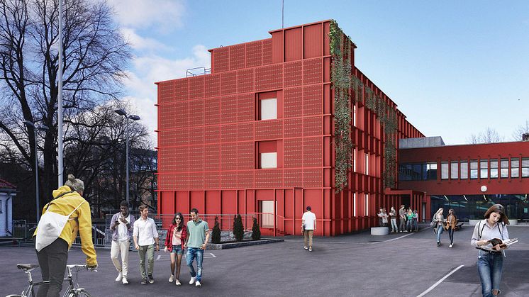 Sofienberg skole får ny fasade med solenergiproduksjon og lavt energiforbruk, samtidig som materialer skal ombrukes. Ill: Ola Roald AS