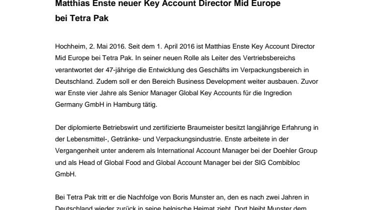 Matthias Enste neuer Key Account Director Mid Europe 