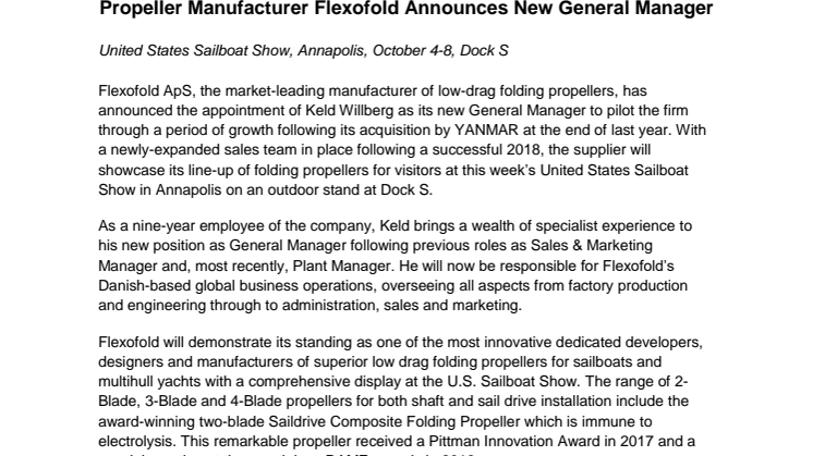Flexofold ApS - U.S. Sailboat Show: Propeller Manufacturer Flexofold Announces New General Manager