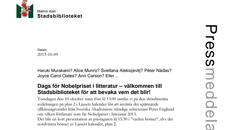 Stadsbiblioteket i Malmö: Kom och bevaka vem som får Nobelpriset i litteratur!