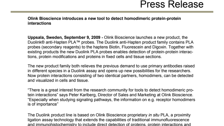Olink Bioscience introduces a new tool to detect homodimeric protein-protein interactions