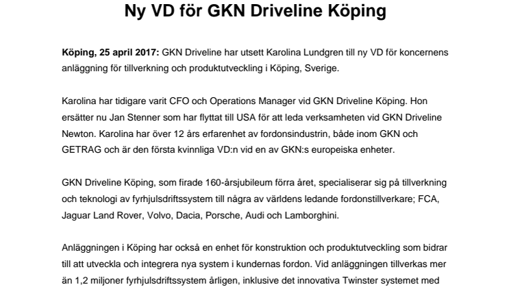 Ny VD på GKN Driveline Köping AB