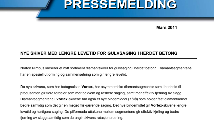 Nye skiver med  lengre levetid for gulvsaging i herdet betong