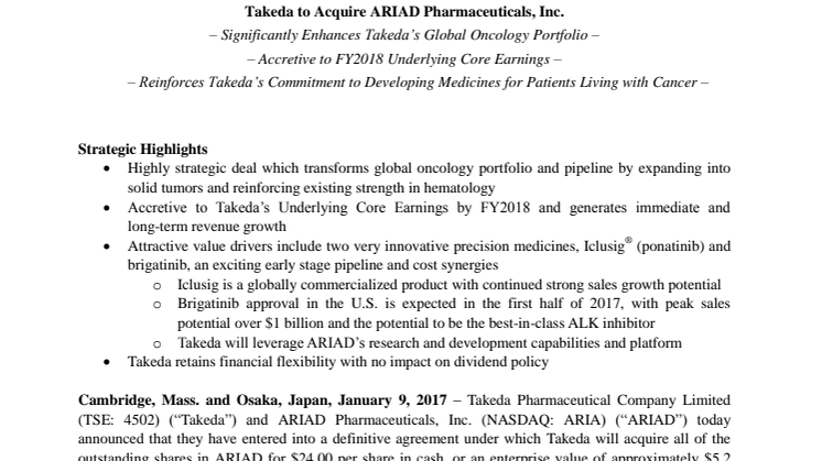 Takeda to Acquire ARIAD Pharmaceuticals, Inc.