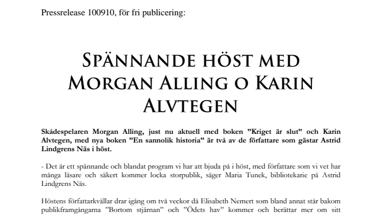 Spännande höst med Morgan Alling o Karin Alvtegen 