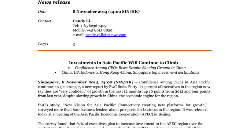 PwC: Investments in Asia Pacific Will Continue to Climb