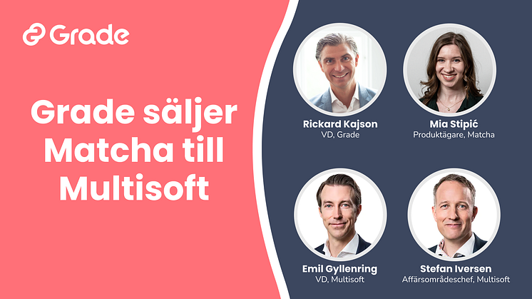 Övre raden från vänster: Rickard Kajson - VD för Grade, Mia Stipić - Produktägare Matcha, Emil Gyllenring - VD för Multisoft, Stefan Iversen - Affärsområdeschef Multisoft