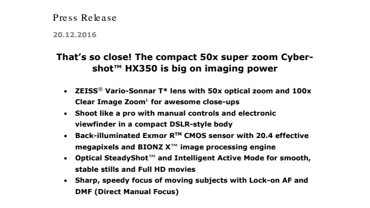 Kompakti 50-kertaisella zoomilla varustettu Cybershot™ HX350 tuo kohteet lähelle
