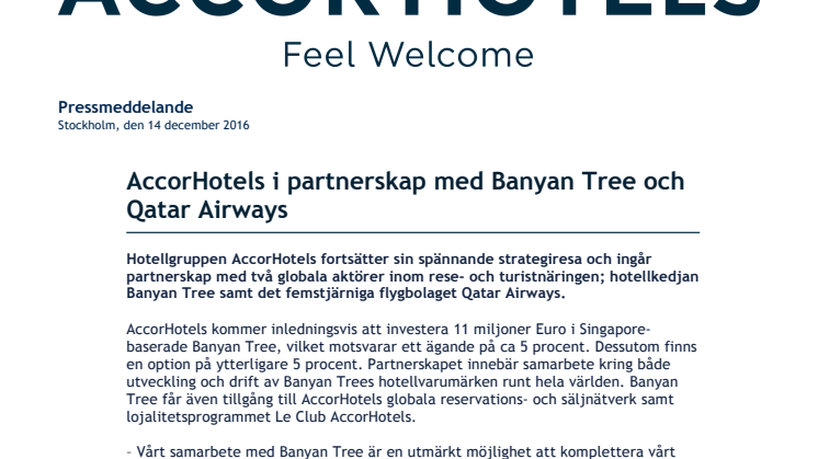 AccorHotels i partnerskap med Banyan Tree och Qatar Airways