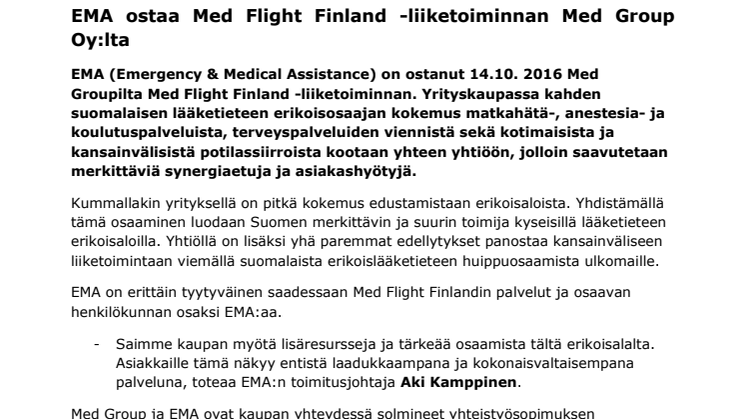 EMA ostaa Med Flight Finland -liiketoiminnan Med Group Oy:lta