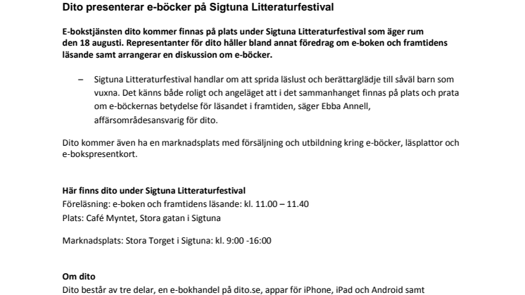 Dito presenterar e-böcker på Sigtuna Litteraturfestival 18/8