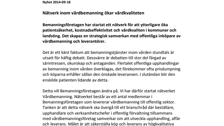 Nätverk inom vårdbemanning ökar vårdkvaliteten