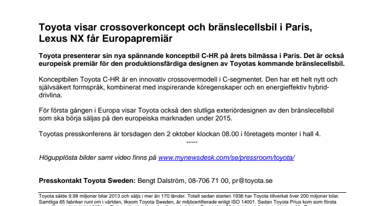 Toyota visar crossoverkoncept och bränslecellsbil i Paris