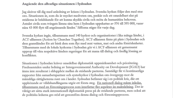 Ärkebiskopens brev till utrikesministern om Sydsudan