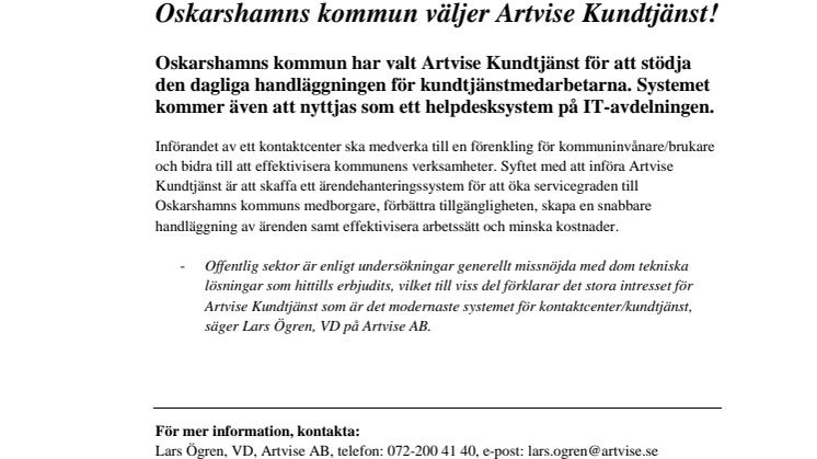 Oskarshamns kommun väljer Artvise Kundtjänst! 