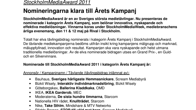 StockholmMediaAward 2011: Nomineringarna klara till Årets Kampanj