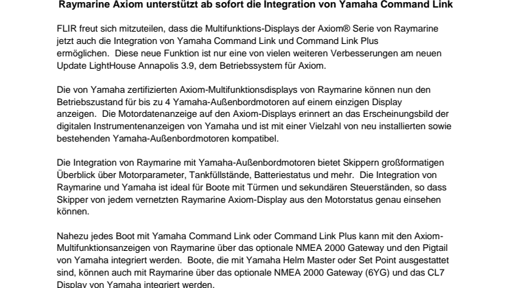 Raymarine Axiom unterstützt ab sofort die Integration von Yamaha Command Link