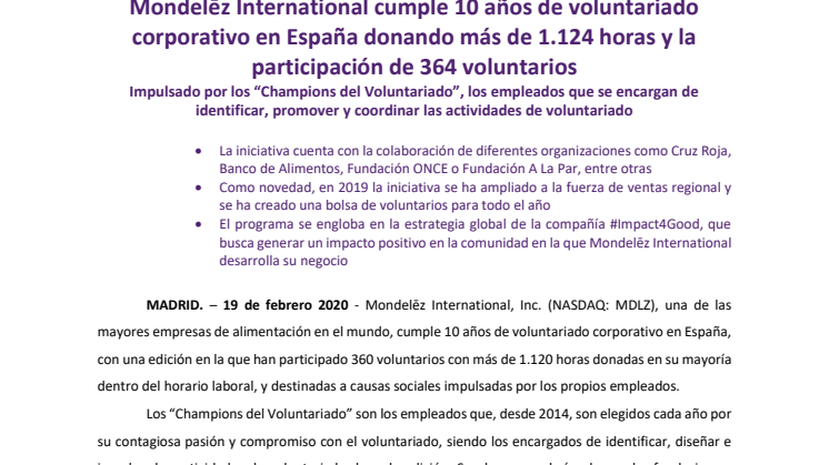 Mondelēz International cumple 10 años de voluntariado corporativo en España donando más de 1.124 horas y la participación de 364 voluntarios