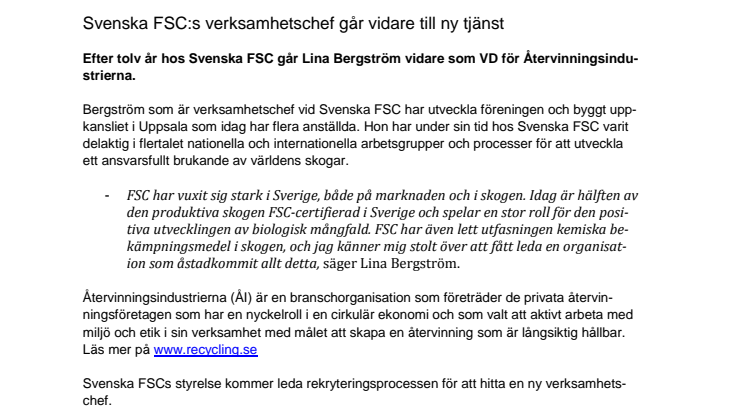 Svenska FSC:s verksamhetschef går vidare till ny tjänst
