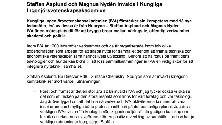 Staffan Asplund och Magnus Nydén invalda i Kungliga Ingenjörsvetenskapsakademien
