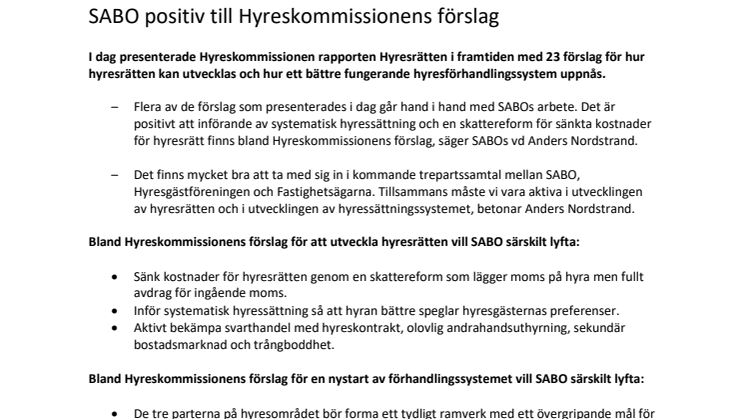 ​​SABO positiv till Hyreskommissionens förslag
