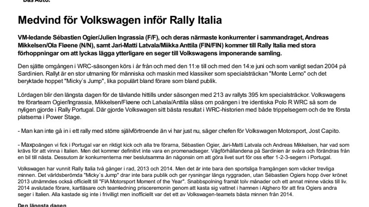 Medvind för Volkswagen inför Rally Italia
