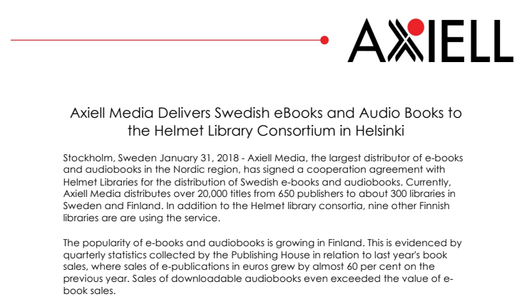 Axiell Media Delivers Swedish eBooks and Audio Books to the Helmet Library Consortium in Helsinki