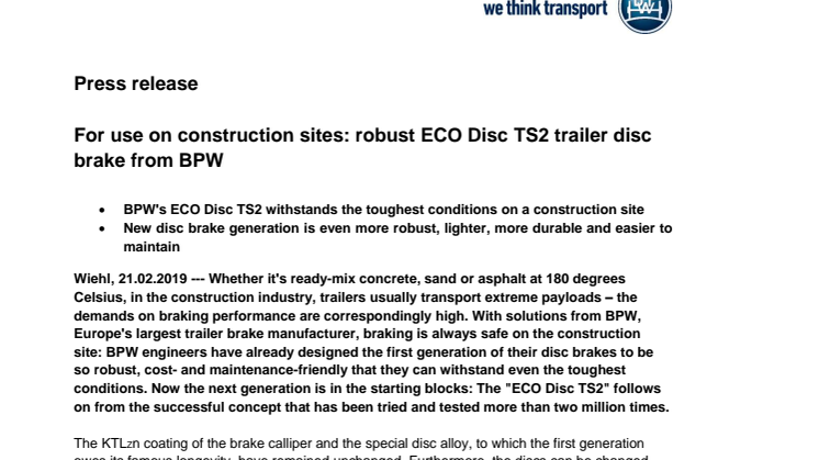For use on construction sites: robust ECO Disc TS2 trailer disc brake from BPW 