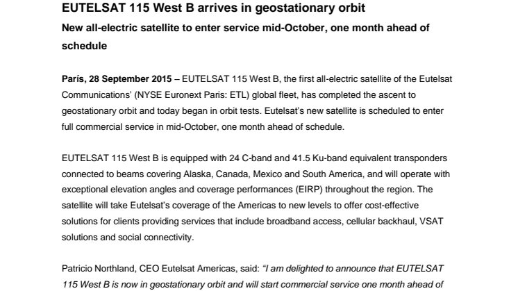 EUTELSAT 115 West B arrives in geostationary orbit 