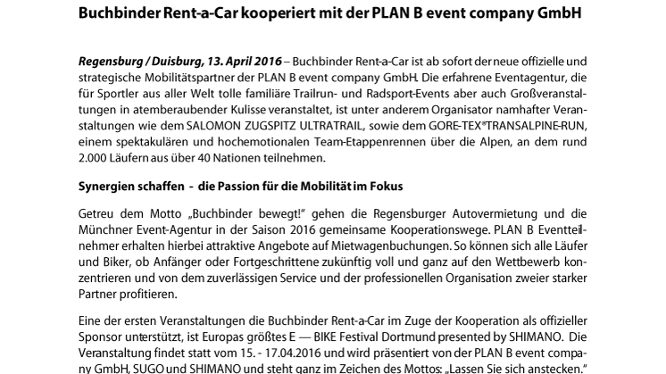 Buchbinder Rent-a-Car kooperiert mit der PLAN B event company GmbH