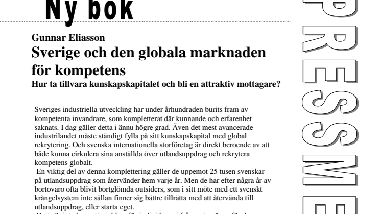 Ny bok: Sverige och den globala marknaden för kompetens av Gunnar Eliasson