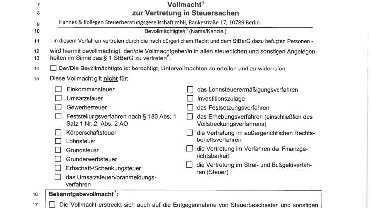 Vollmacht zur Vertretung in Steuersachen