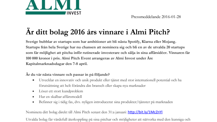 ​Är ditt bolag 2016 års vinnare i Almi Pitch?