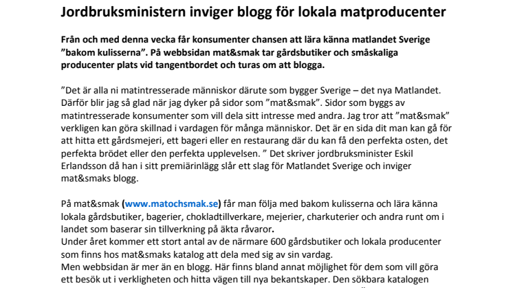 Jordbruksministern inviger blogg för lokala matproducenter