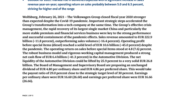 Volkswagen-koncernen avslutade 2020 starkare än förväntat och påskyndar omställningen